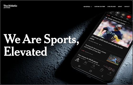 The Athletic advertising site: dark hero reading We Are Sports, Elevated beside a phone showing the app