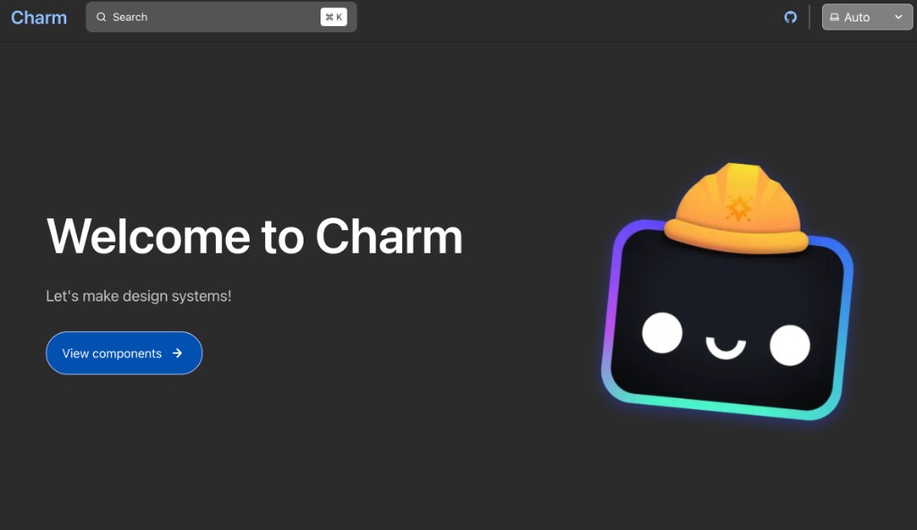 Charm documentation site with Welcome to Charm heading and View components button