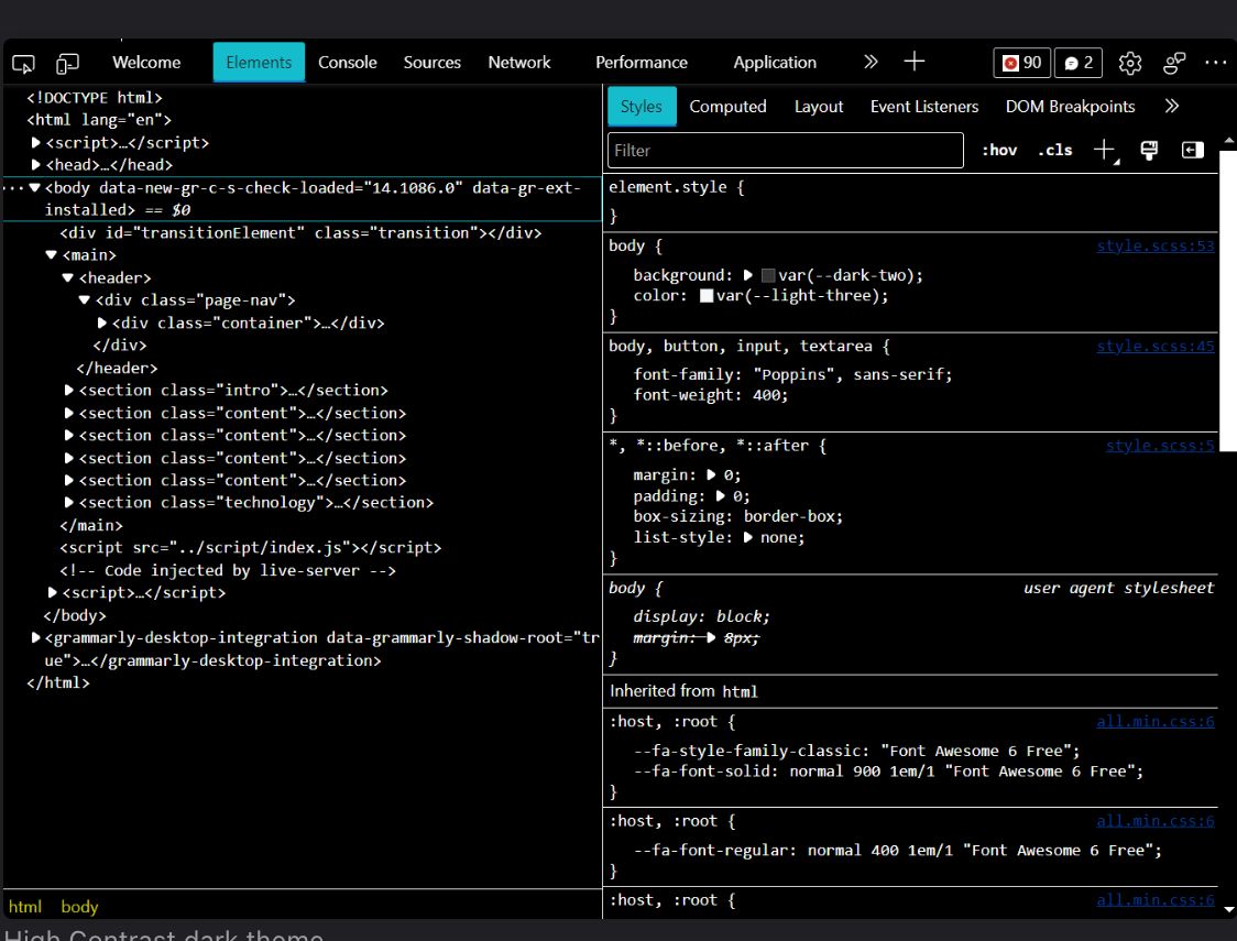 Chromium Developer Tools rendered in the high contrast dark theme with accessible colors