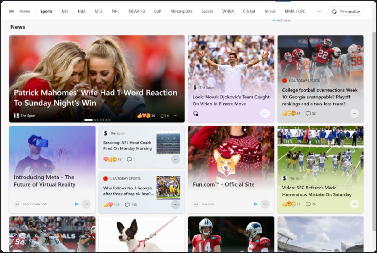 Edge News Feed showing a grid of article cards, ads, and sports categories