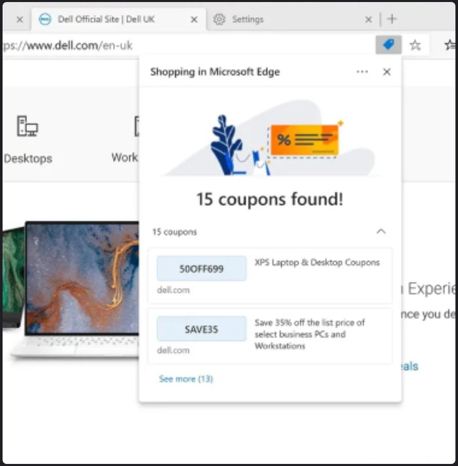 Edge Shopping flyout on a retail site showing 15 coupons found with promo codes