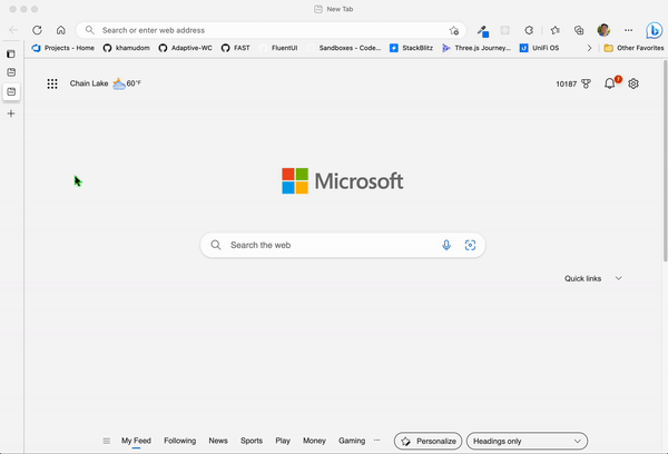 Microsoft Edge browser with the vertical tabs panel docked on the left side