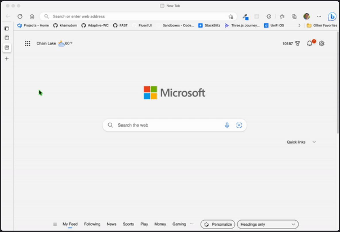 Microsoft Edge browser with the vertical tabs panel docked on the left side