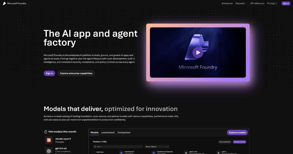 Microsoft Foundry landing page with the headline The AI app and agent factory