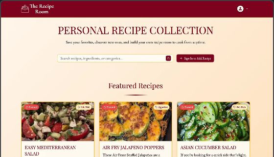 The Recipe Room: a warm cream and crimson recipe collection app with featured recipe cards