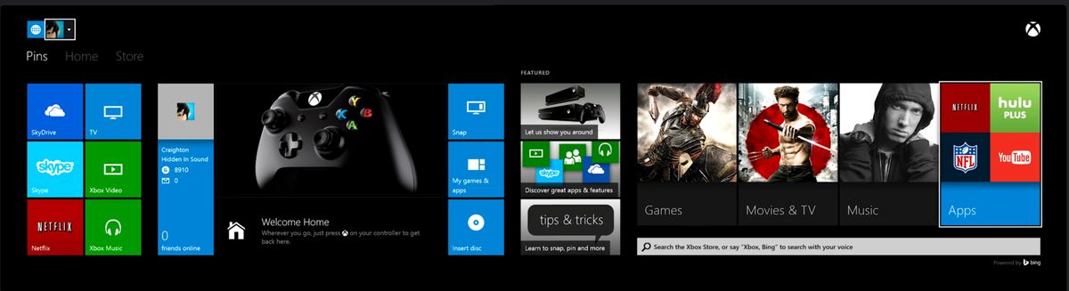 Initial release of the Xbox One Dashboard showing pinned tiles, Home, and Store
