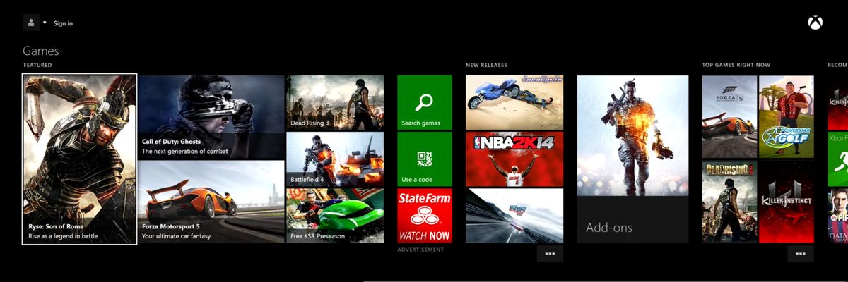 Initial release of the Xbox One game store with featured, new releases, and top games rails