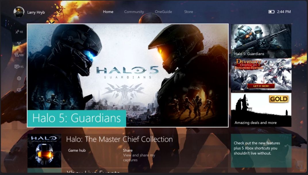 2015 Dashboard Home panel featuring Halo 5 Guardians