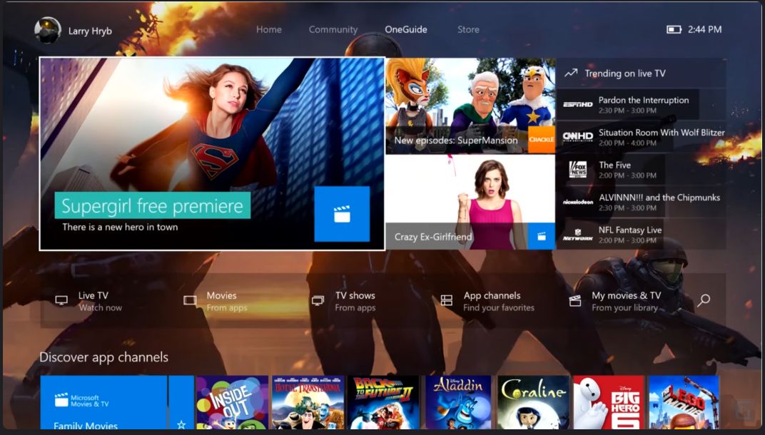 2015 Dashboard One Guide panel with live TV, movies, shows, and app channels
