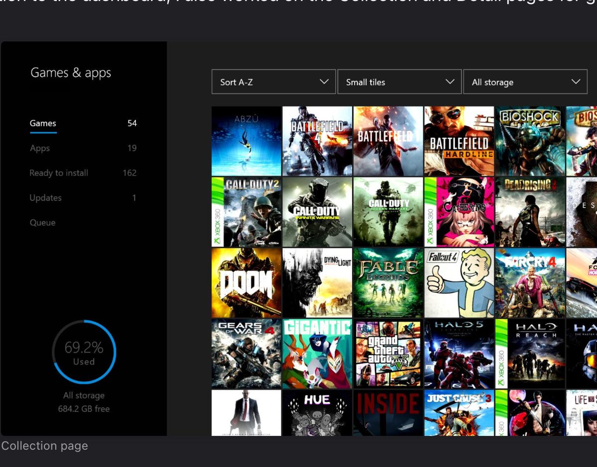 Games and apps collection page with sorting, filtering, and storage summary