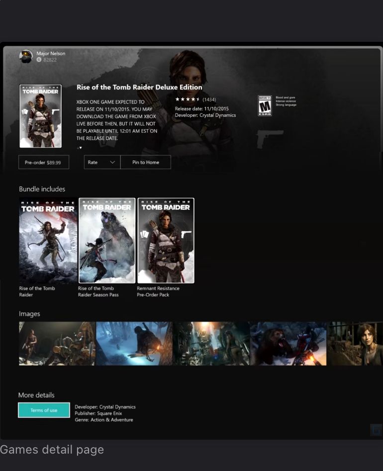 Game detail page for Rise of the Tomb Raider Deluxe Edition with bundle contents