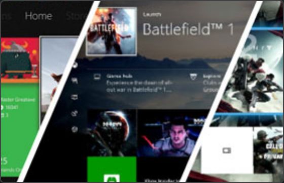 Xbox Dashboard interface showing the home screen, game hub, and store